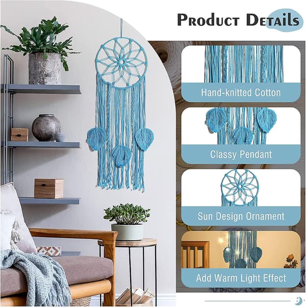 Boho Drömfångare, Vävd Väggbonad i Bomull Macrame Drömfångare Med Ljusslinga 3 Löv, Tofs Macrame Bohemisk Dekor Kreativa Heminredningar B