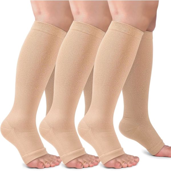 3-pack kompressionsstrumpor i koppar för kvinnor och män, 20-30 mmHg öppna tåstrumpor till knäet för cirkulationsstöd/4X-Large- Nude