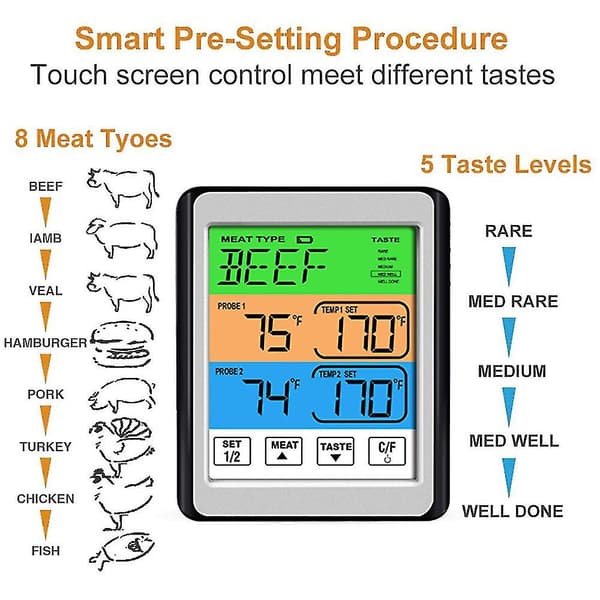 Professionelt madlavningstermometer, med 2 prober og LCD-display til køkkenet