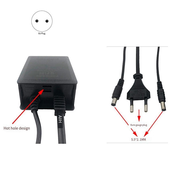 12V 2A vanntett strømadapter Vanntett strømadapter for kamera Regntett strømadapter Lysstripestrømforsyning med EU-plugg B（Svart）