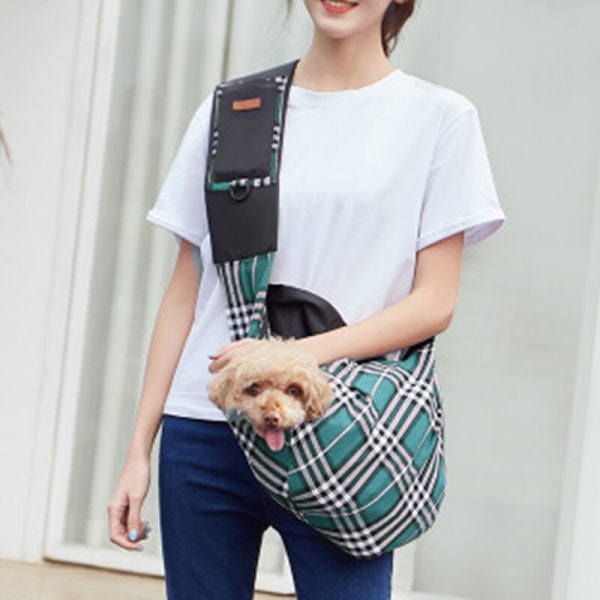 Pet Sling Bag Klassisk Plaid Design Hunde Kat Taske Skulder Pet Carrier til killinger, små hunde, grøn