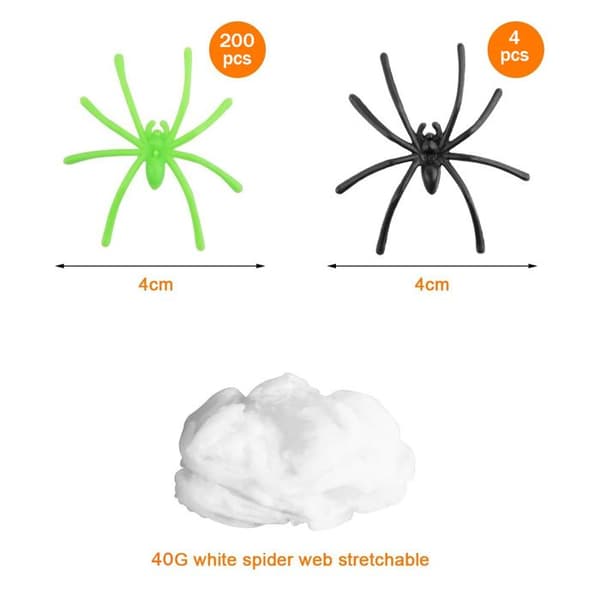 Halloween edderkoppespind dekorationer, med 200 lysende kunstige edderkopper og 4 sorte edderkopper.