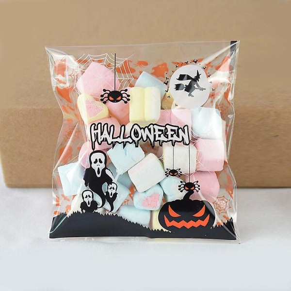 Söt halloween godispåse pumpa spökkaka efterrätt förpackningspåsar självhäftande plastpåsar tillbehör knep eller godis presenter100stA03