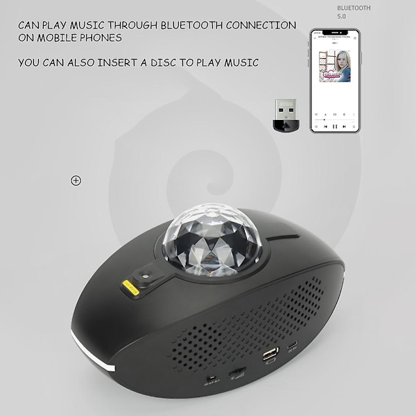 Bluetooth-kompatibel högtalare färgglad projektionslampa hushållsromantisk ljus högtalare för hemmafest (svart)