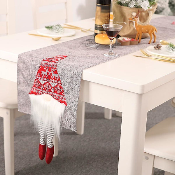 Rektangulär Bordslöpare i Linne Jul Tomte Dvärg Mönster Grå 33x180cm-b