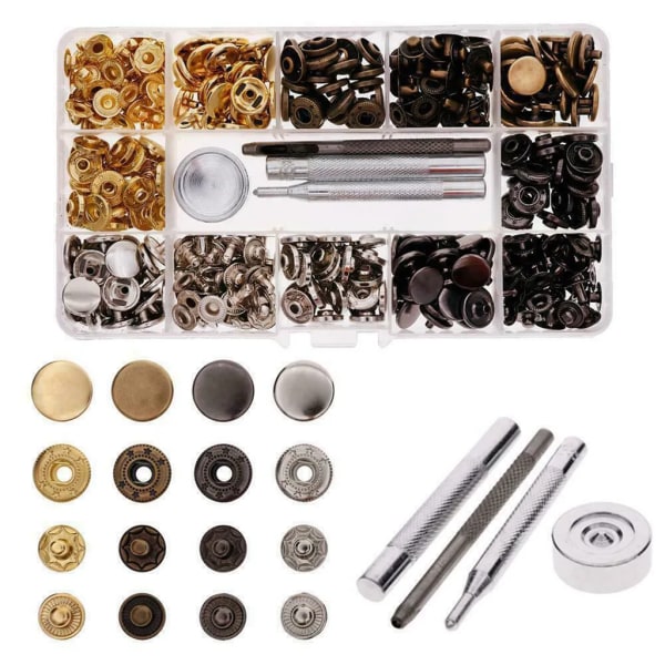 120 set Läder Snap Kit 12,5 mm metallknappar med 4 installationsverktyg för kläder, jackor, jeans, armband, väskor