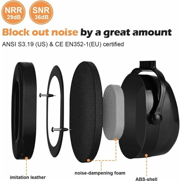 Komfortable, justerbare støydempende hodetelefoner for voksne med 38dB SNR-demping for høye eller stressende miljøer - Svart