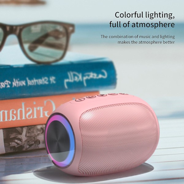 Bluetooth-høyttaler med subwoofer og fargerik LED-lys (rosa)