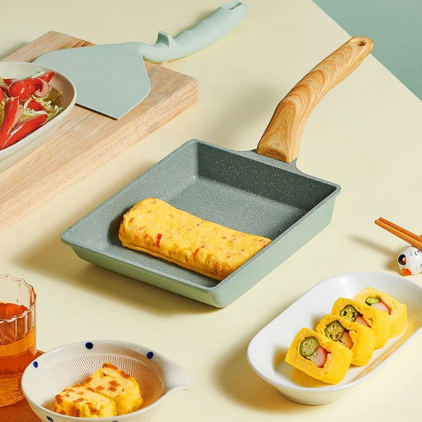 Japansk omelettpanna Maifan stone non-stick vårrullpanna stekpanna med trähandtag baby barnmatlagning