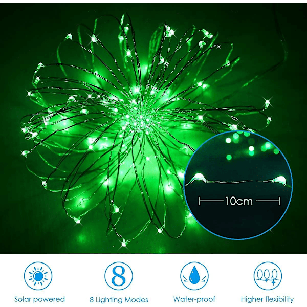 St. Patrick's Day Solar String Lights, Mini 100 LED Koppartrådslampor, Fe-lampor, Vattentäta solcellsdekorationer för inomhus- och utomhusbruk, trädgårdar, H