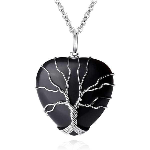 Obsidian Halsband Healing Crystal Stone Halsband Livets träd Ståltråd lindad Hjärtformad Gem Pe