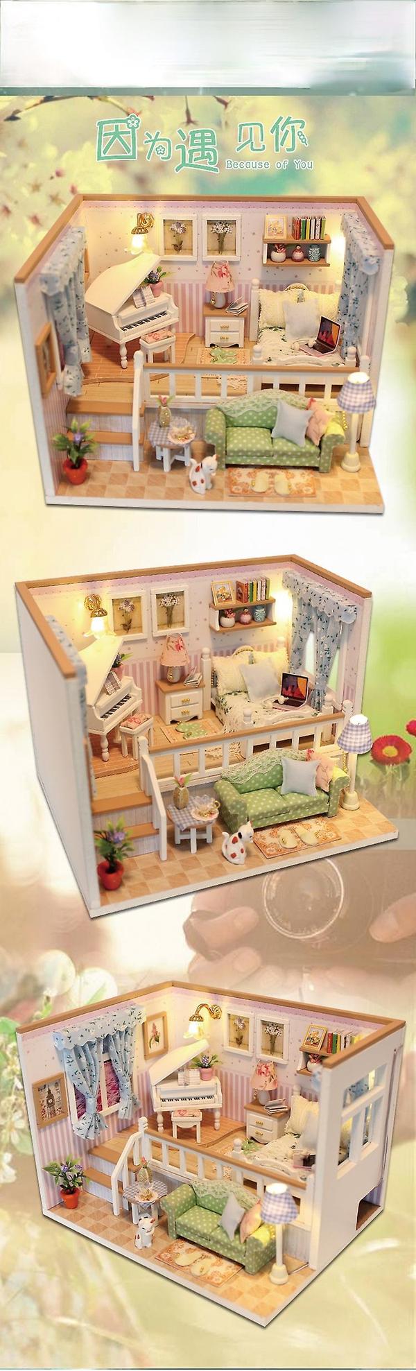 Diy dockhus miniatyr med möbler manuell montering modellstuga
