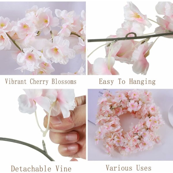 Keinotekoiset silkkikukat kirsikankukkaseppeleet riippuvat viiniköynnökset hääkotipuutarhan koristeluun 4 kpl (vaaleanpunainen)