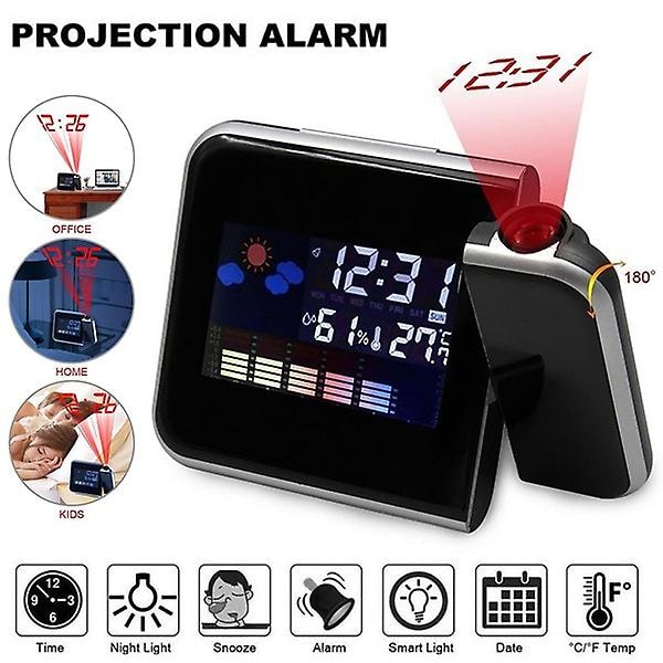 Hemprojektionsklocka 180 rotera digital väder LCD snooze väckarklocka färgskärm display LED bakgrundsbelysning väggprojektionsklockabc B