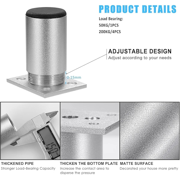 Justerbare møbelben i aluminiumlegering til sofa, hylder, belastning op til 50 kg, 60 mm, 4 stk.