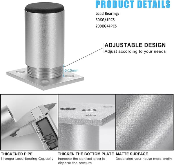 Justerbare møbelben skabsfødder aluminiumslegering til sofashelfer Belastning op til 50 kg 60 mm 4 stk.
