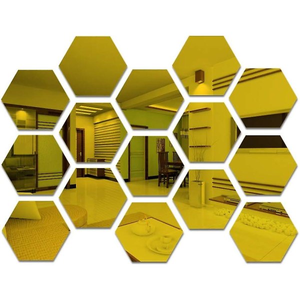 15 delar Hexagonal Guld Akryl Väggspegel Set (9cm/Guld) - Väggdekoration - Vackra självhäftande spegelplattor för Sovrum Vardagsrum
