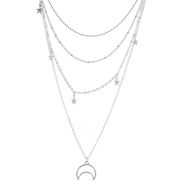 Dww-Flerradig bohemisk chokerhalsband med mån- och stjärnformade hängen - Vintage, silver