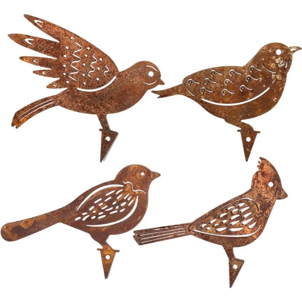 8 delar rostig fågel Patina trädgårdsstakar Rost dekorativa trädgårdsprydnader Metallfåglar för trädgårdsdekoration i trä