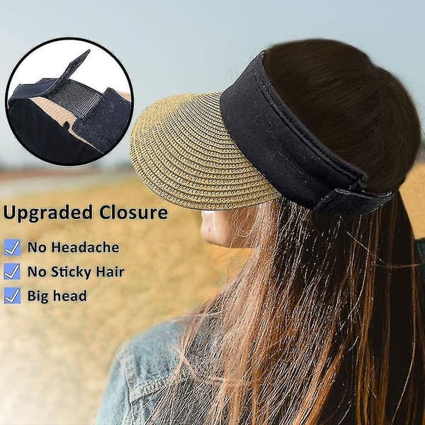 Kvinners Solhatt Halm Sol Visor Hat Bred Brede Brede Sommer Uv Beskyttelse Strand Cap Foldable Packale（brun）