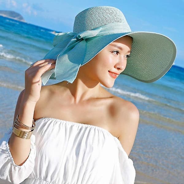 Kvinde Bredskygget Solbeskyttelse Halmhat, foldebar Floppy Hat, sommer UV-beskyttelse Strand Cap（Grøn）
