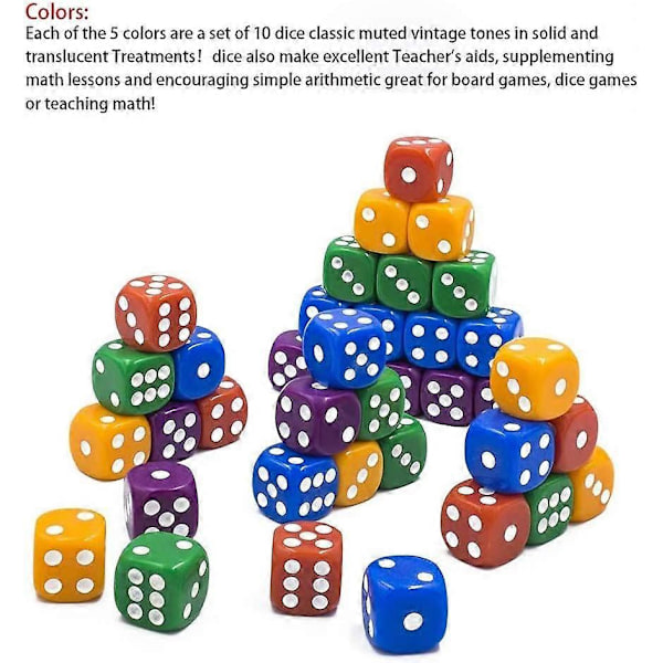 50-pack - Tärningssats 6-sidiga tärningar Spel 16mm Tärningar för brädspel & Undervisning i matematik Tärningssats Klassrumstillbehör Tärningssats RPG-tärningar