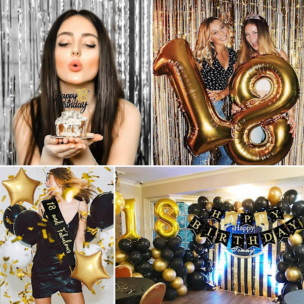 18 års fødselsdag dreng pige balloner og guirlande - sort guld, 18 år