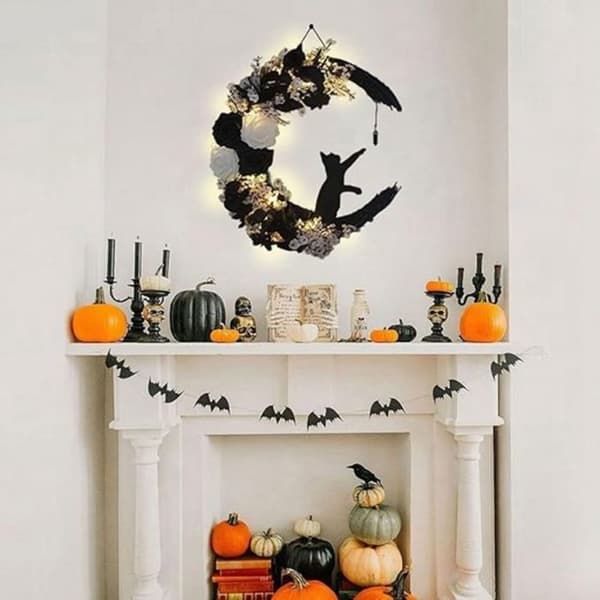 1 krans, Halloween, katt, måne, blommor, höstdekoration, veranda, entré.