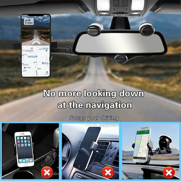 Bakspejl telefonholder, 360° roterende multifunktionel bil bakspejl holder, velegnet til alle smartphones. -2 værelser