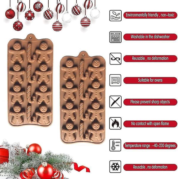 Gingerbread Man Candy Cane-formede silikone chokoladeforme 2 stk. 12-huls slik cookieform kage bageforme til juledag nytår