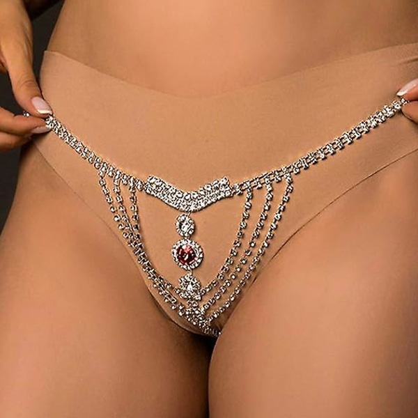 Boho Rhinestone Underkläder Silver Kedja Kristall Stringtrosor Bikinitring Body Smycken Tillbehör för kvinnor och flickor