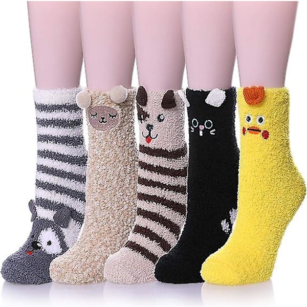 Mjuka, söta och roliga djurdesignade mikrofibersockor för kvinnor - mysiga, luddiga och varma vinterstrumpor - 5 par djurkombinationer - storlek: One Size