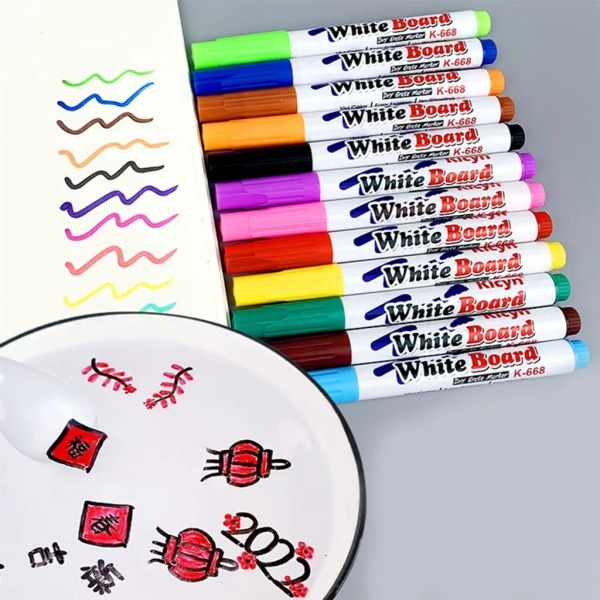 12 färger Magic Water Pen Whiteboard Penna Giftfri Artist Paint Pen Raderbar Marker med sked