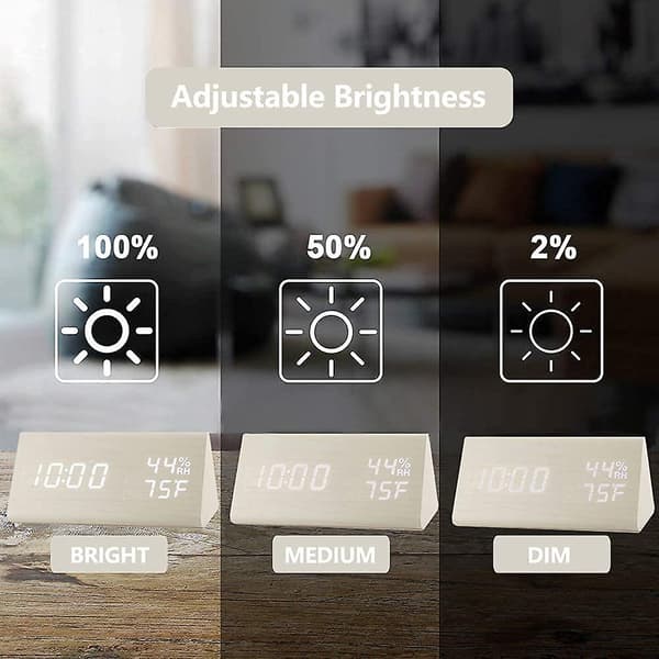 2024 Digital Väckarklocka, med Trä Elektronisk LED Tidsvisning, 3 Larminställningar