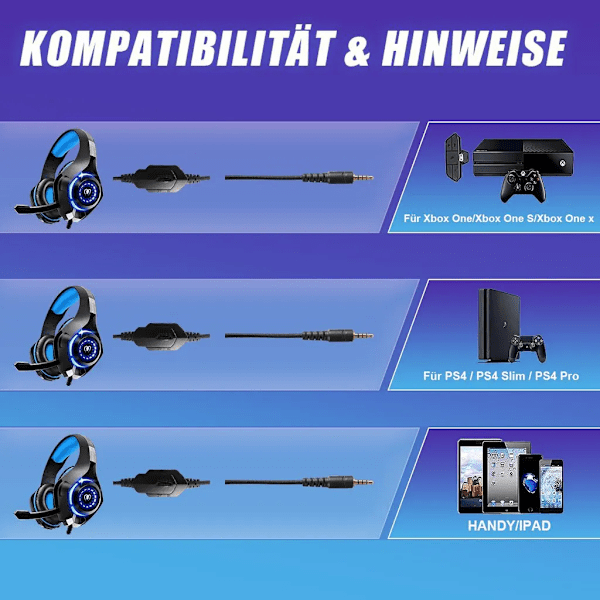 Gaming Headset til PS5 PS4 Xbox Series PC, Over-Ear 3.5mm Deep Heavy Bass Stereo Surround Sound PS5 Headset med støjreducerende mikrofon og LED-lys