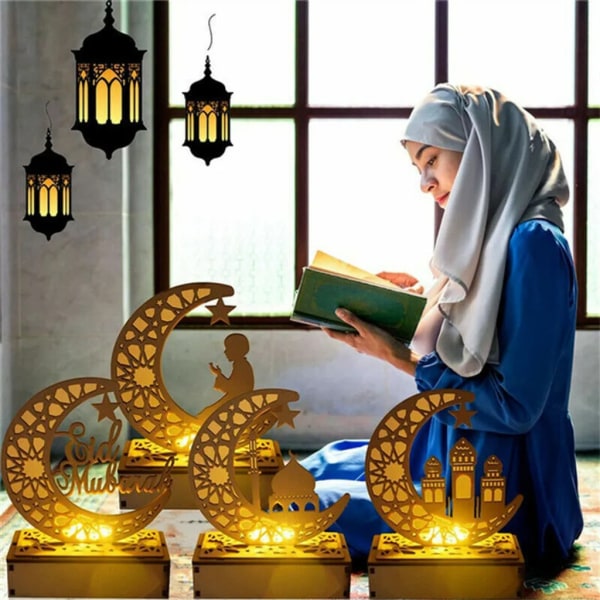 5 Ramadan Trä Eid Mubarak Muslimsk Festdekoration LED Måne Islam Moské Muslimsk Bordsdekoration