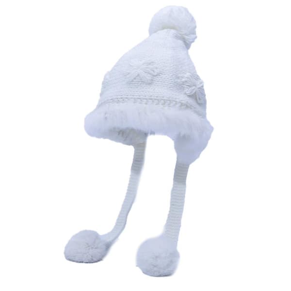 Söt broderad pälsboll ullhatt höst och vinter plus sammet tjock varm stickad mössa（Vit）