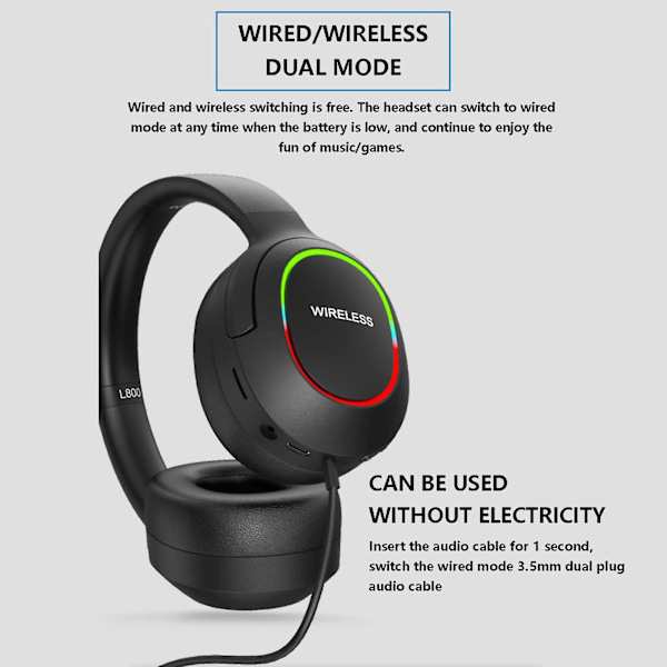 Langattomat Bluetooth-kuulokkeet LED-valaistuksella, taitettavat langattomat kuulokkeet, matala viive, mikrofoni ja hengitysvalo (Style 2)