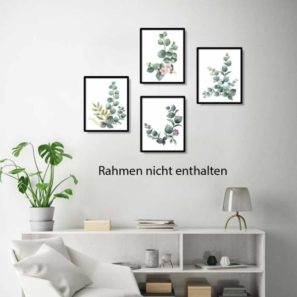 Sæt med 4 moderne stueplakater Akvarel Grønne Blade Rosenblade Højkvalitets Elegant Eukalyptus og grønne planter Vægdekoration 30x40cm Uindrammet