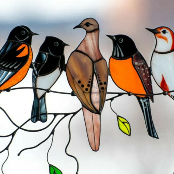 Färgglada fåglar på tråd Hög målat glas Ljusfångare Fönsterhängande 7 fåglar hänge prydnad för fönsterdörr Trädgård Hem vårdekoration