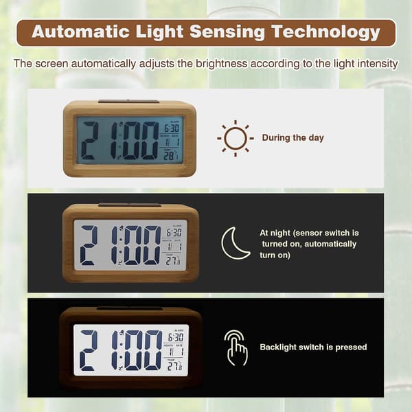 2024, Trä Digital Väckarklocka, Stor LED-display, 45284 Timmars Display, Smart Sensor Nattljus