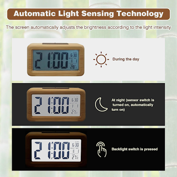 Træ Digitalt Vækkeur, Stort LED-Display, 12/24 Timers Display, Smart Sensor Nattelys