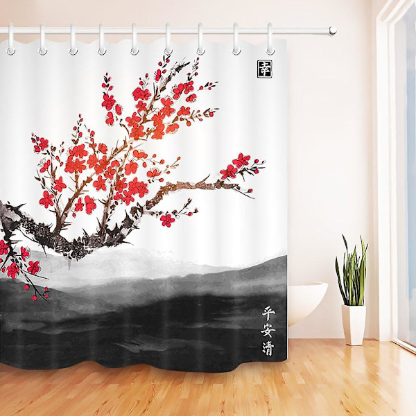 Oriental Sakura Sakura Landskab Fjernt Bjerg Vandtæt Dekorativt Polyester Stof Badeværelse Brusebad