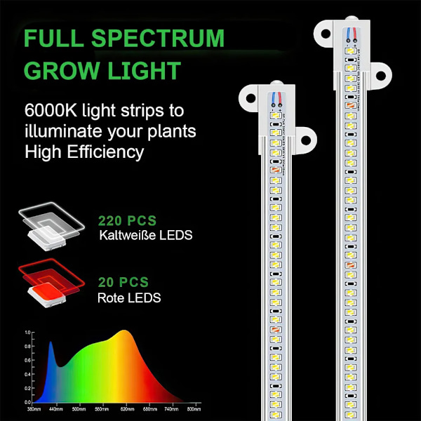 Plantelampe 4 hoder LED plantevekstlys, 6000K 10 nivåer dimbar timing, rødt blått lys