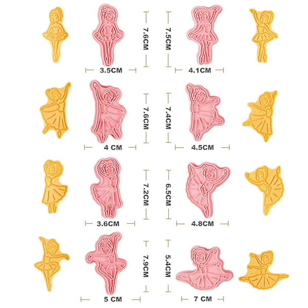 8 st Ballerina-formade kakformar, non-stick, värmetåliga, fondantpasta, godis, kakembossning, stencil