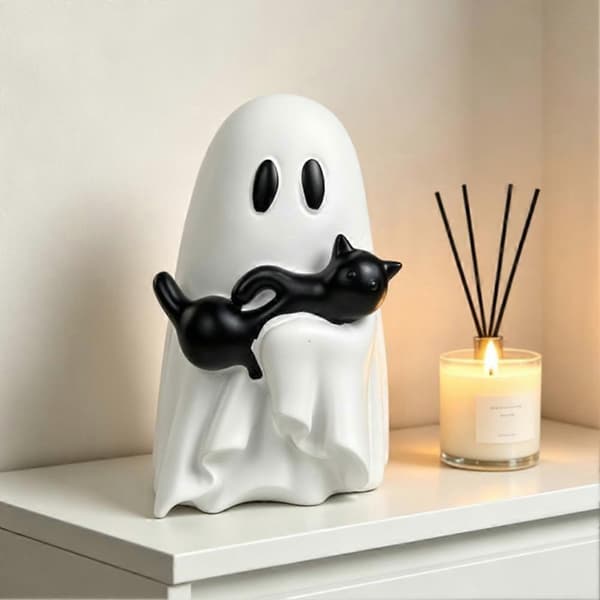 Spøgelse og kat figur i harpiks Halloween borddekoration sæt B 1pcs