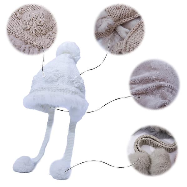 Söt broderad pälsboll ullhatt höst och vinter plus sammet tjock varm stickad mössa（Vit）