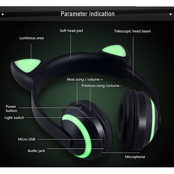 Bluetooth Stereo Kattöron Blinkande Ljus Lysande Kattöron Öronproppar Hörlurar Öronproppar LED-ljus
