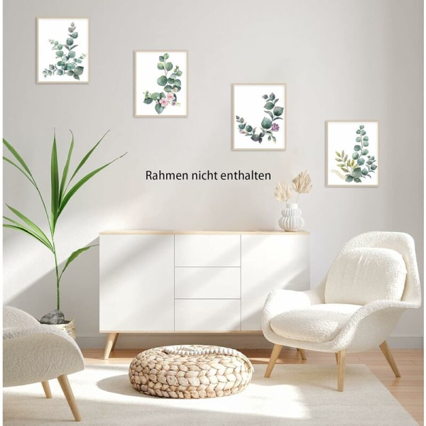 4 modernin olohuonejulisteen set Vesiväri Vihreät Lehdet Ruusun terälehdet Laadukas tyylikäs eukalyptus ja vihreitä kasveja seinäkoristelu 30x40cm kehystämätön