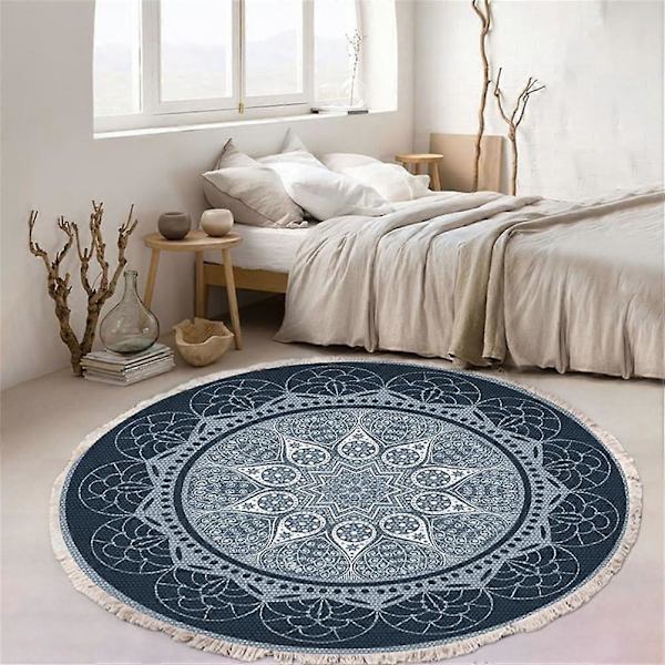 Rund Bomullsmatta, Bohemisk Mandala Matta med Fransar, Halksäker Matta för Vardagsrum och Sovrum (60 cm, Grön 2)